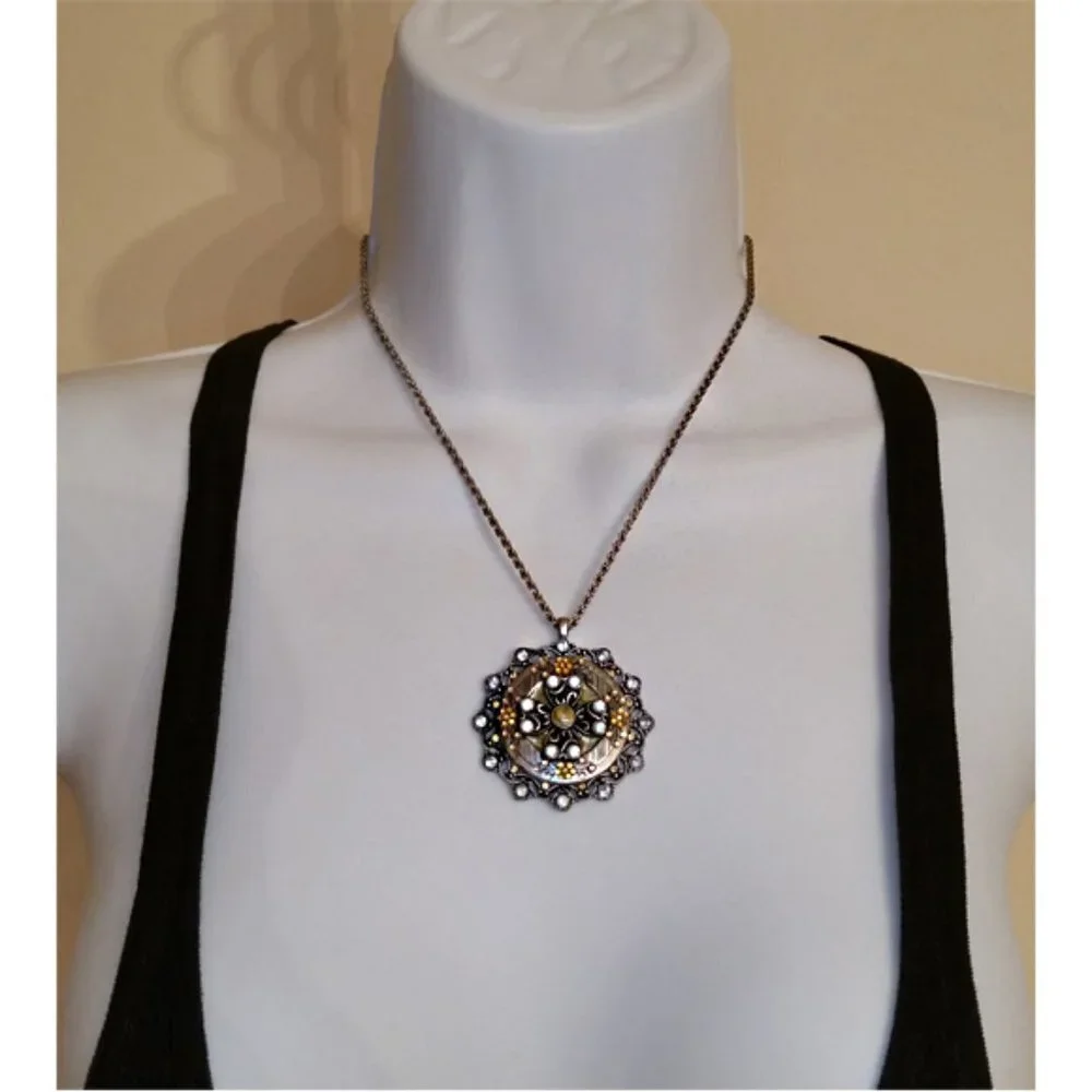 Silver tone bejeweled statement medallion pendant chain necklace dressy